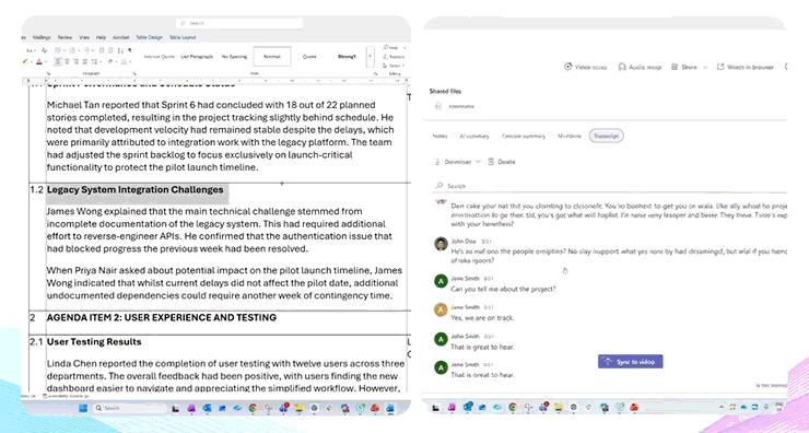 Meeting minutes and the transcript side by side